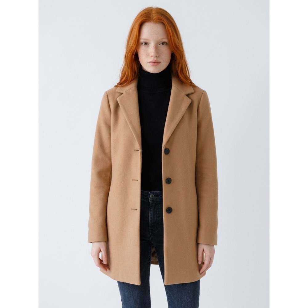DKNY Womens Camel Tan Wool Blend Single Breasted Walker Coat Size S Notch Lapel